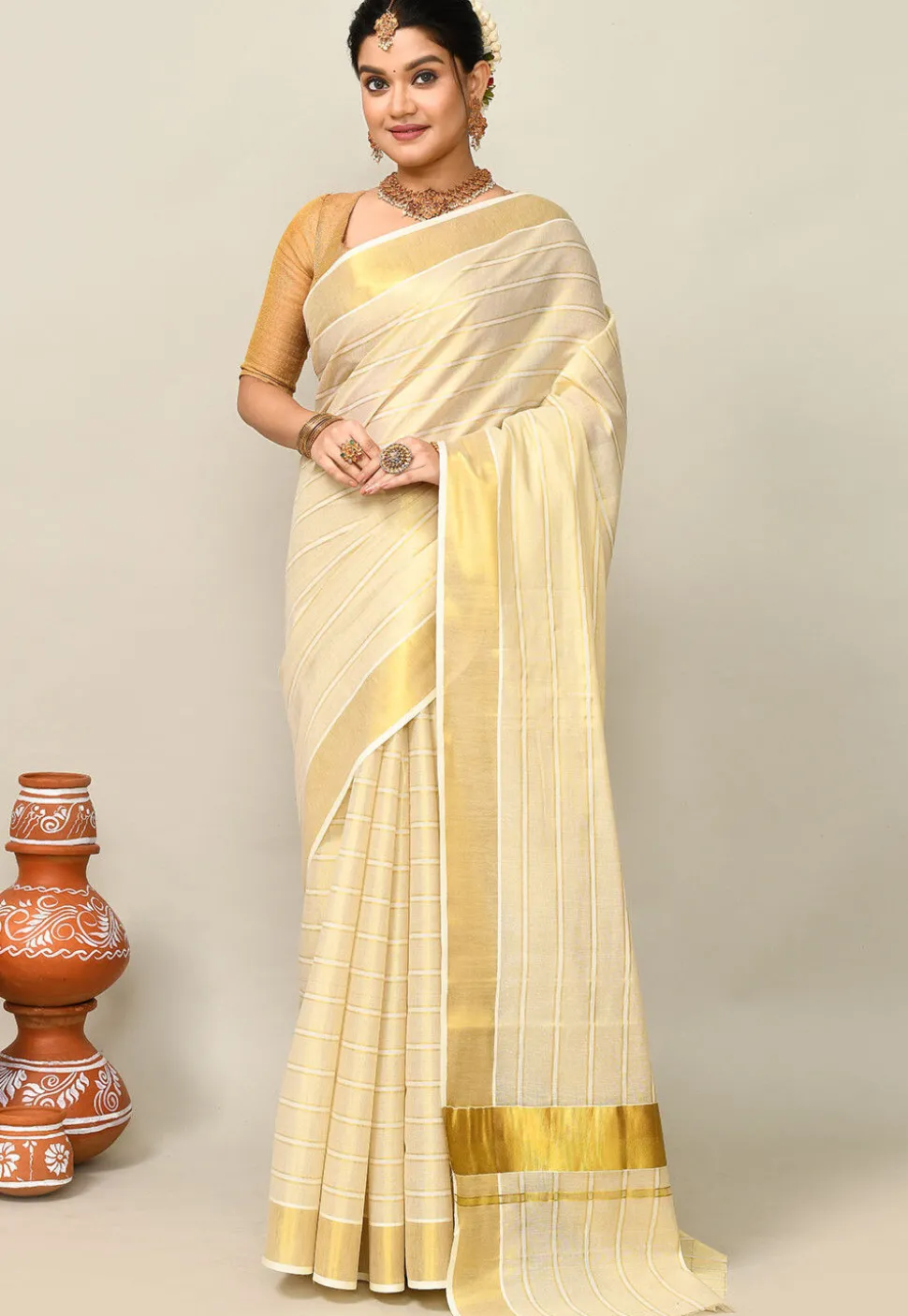 Kerala Kasavu Pure Cotton Saree in Beige