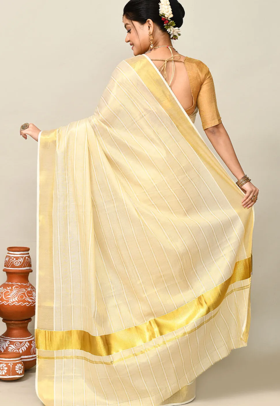 Kerala Kasavu Pure Cotton Saree in Beige