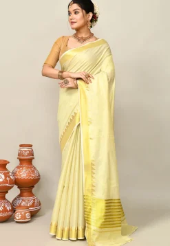 Kerala Kasavu Pure Cotton Saree in Light Yellow