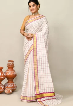 Kerala Kasavu Pure Cotton Saree in Off White