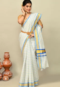Kerala Kasavu Pure Cotton Saree in Off White