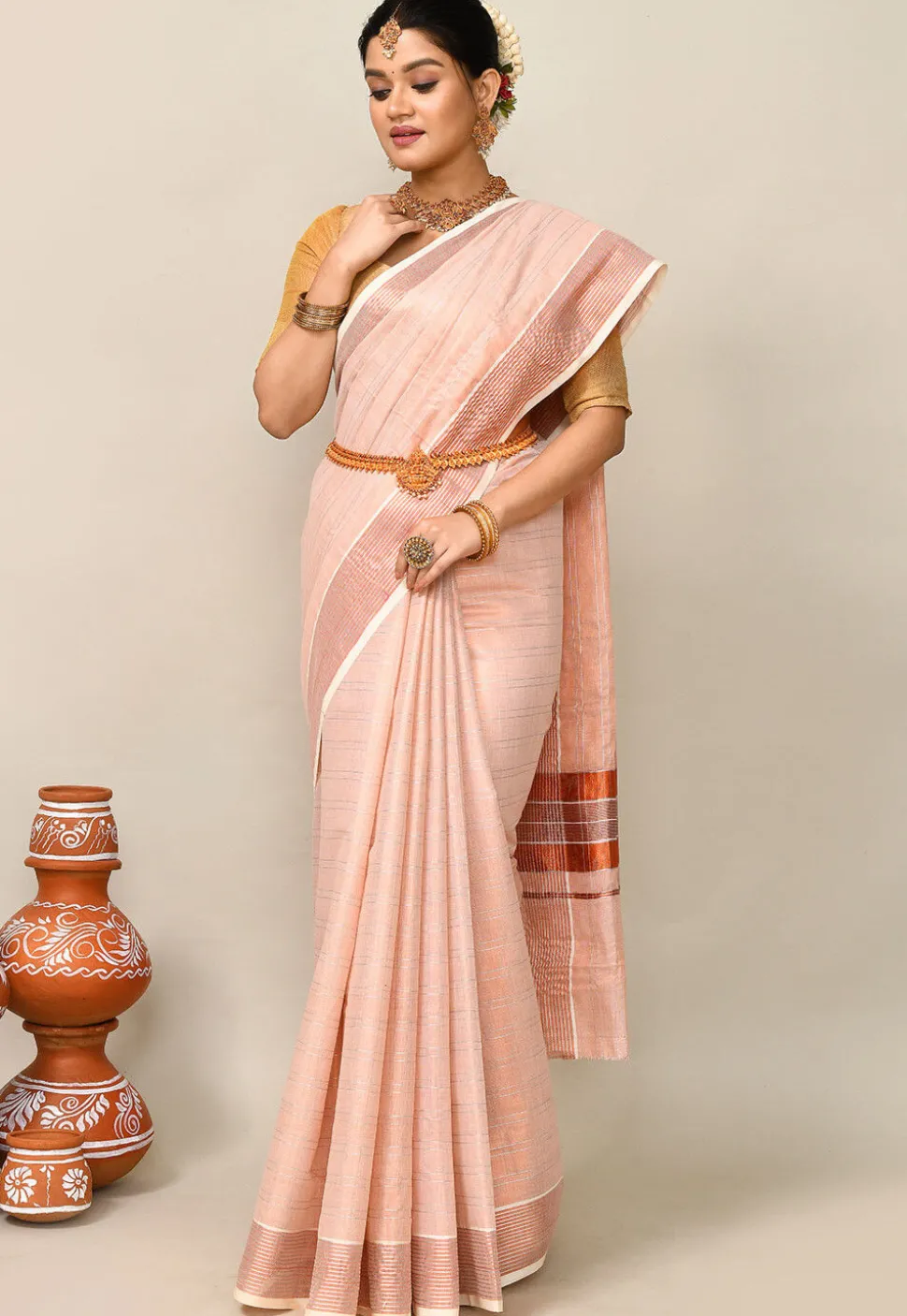 Kerala Kasavu Pure Cotton Saree in Peach