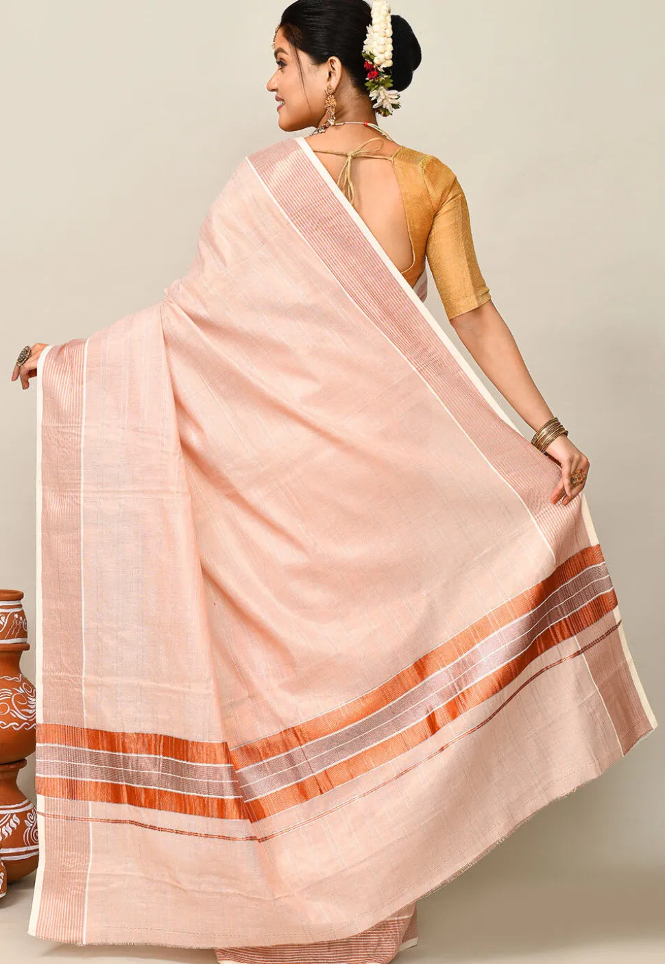 Kerala Kasavu Pure Cotton Saree in Peach