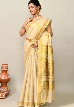 Kerala Kasavu Pure Cotton Saree in Beige