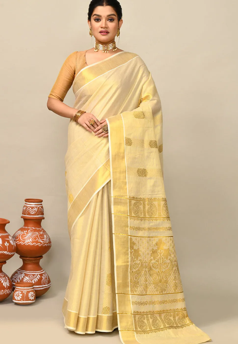 Kerala Kasavu Pure Cotton Saree in Beige