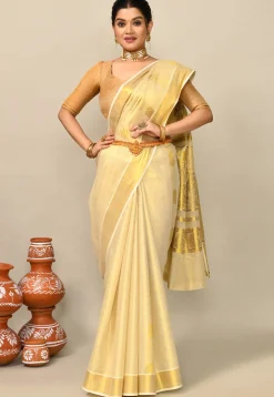 Kerala Kasavu Pure Cotton Saree in Beige