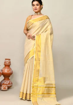 Kerala Kasavu Pure Cotton Saree in Beige