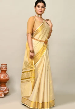 Kerala Kasavu Pure Cotton Saree in Beige