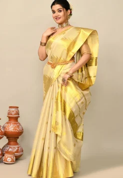 Kerala Kasavu Pure Cotton Saree in Beige