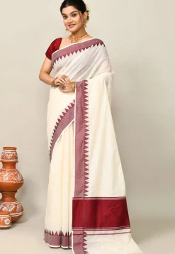 Kerala Kasavu Pure Cotton Saree in Off White