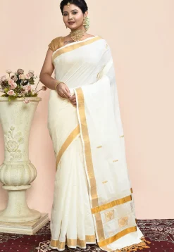 Kerela Kasavu Pure Cotton Saree in Off White