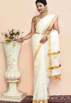 Kerela Kasavu Pure Cotton Saree in Off White