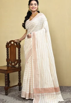 Kerela Kasavu Pure Cotton Saree in Off White