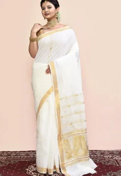 Kerela Kasavu Pure Cotton Saree in Off White
