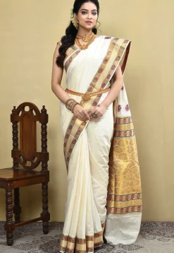 Kerela Kasavu Pure Cotton Saree in Off White