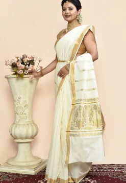 Kerela Kasavu Pure Cotton Saree in Off White