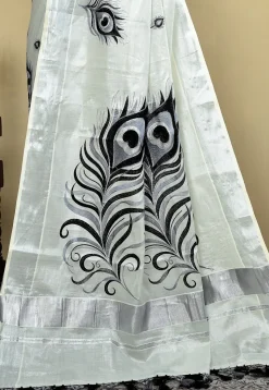 Kerela Kasavu Pure Cotton Shimmer Saree in White