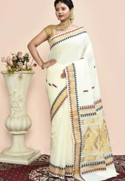 Kerela Kasavu Pure Cotton Saree in Off White
