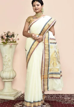 Kerela Kasavu Pure Cotton Saree in Off White