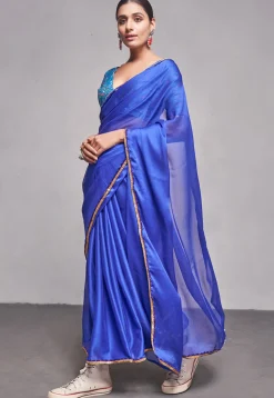 Lace Border Chiffon Saree in Royal Blue