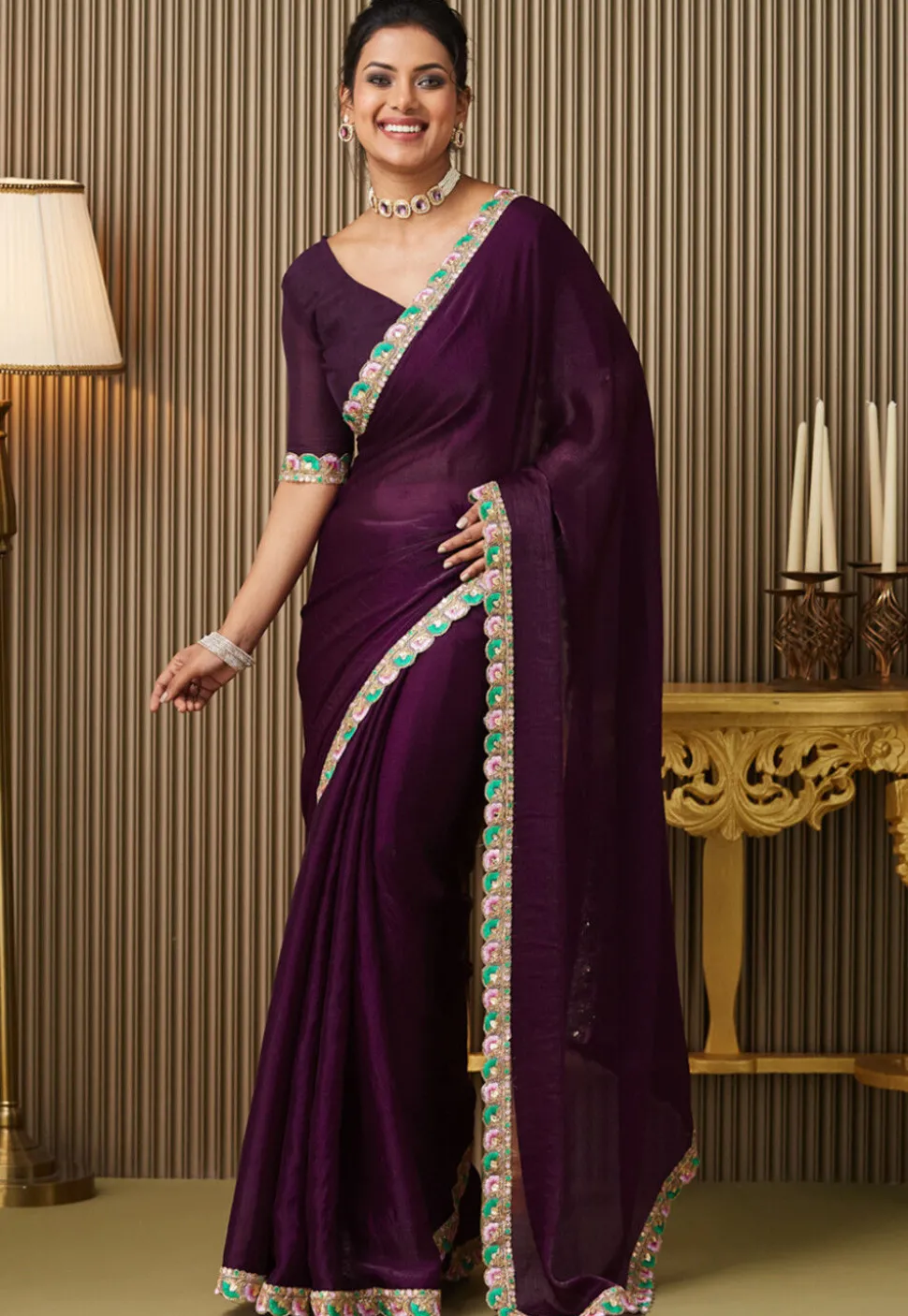 Lace Border Chiffon Saree in Purple