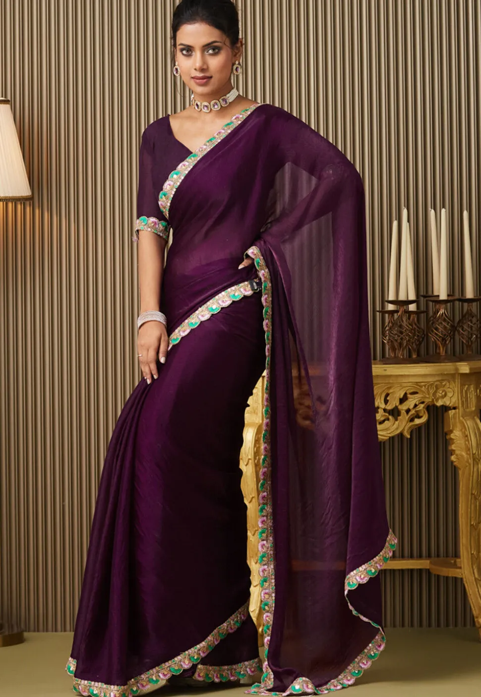 Lace Border Chiffon Saree in Purple