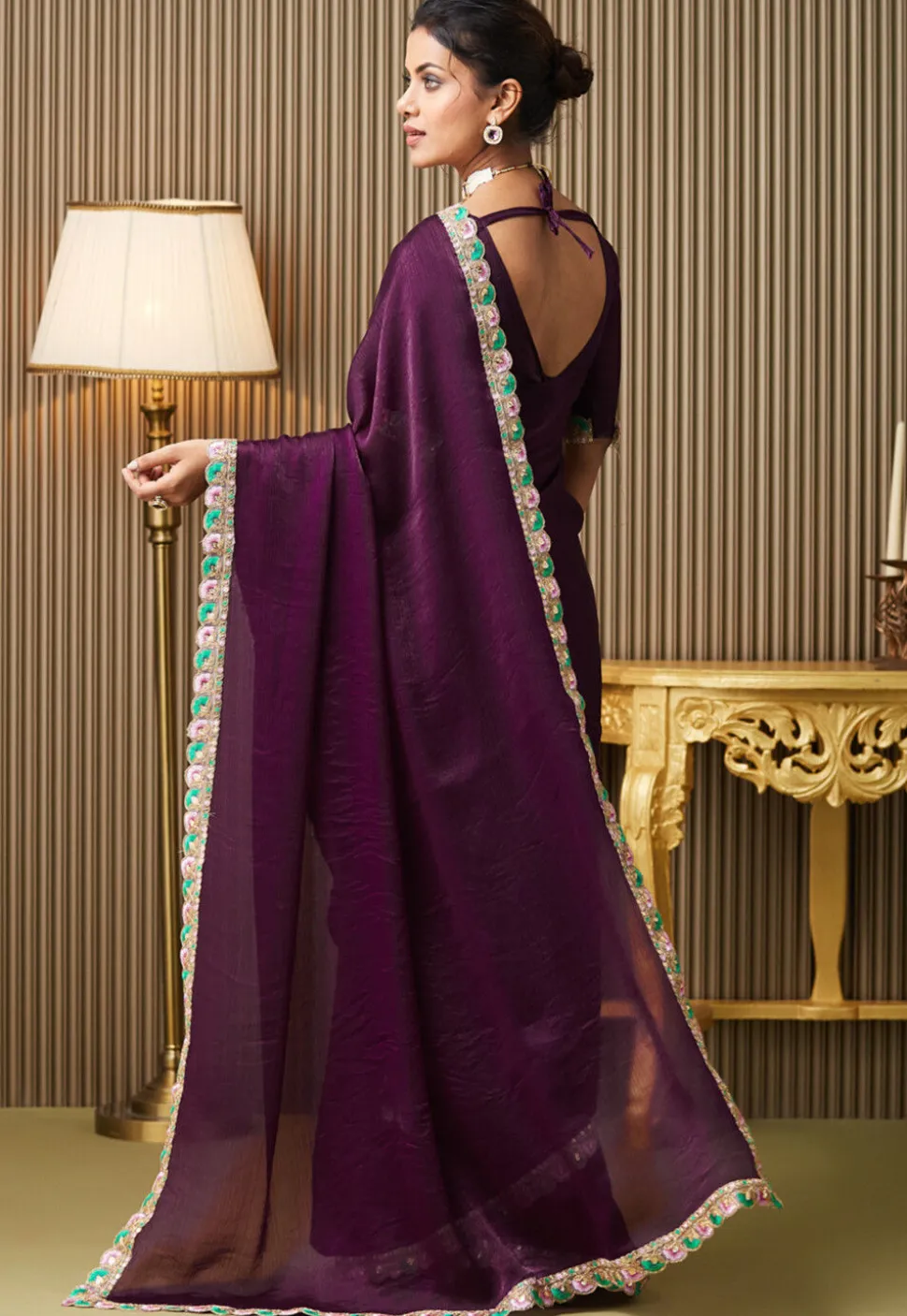 Lace Border Chiffon Saree in Purple