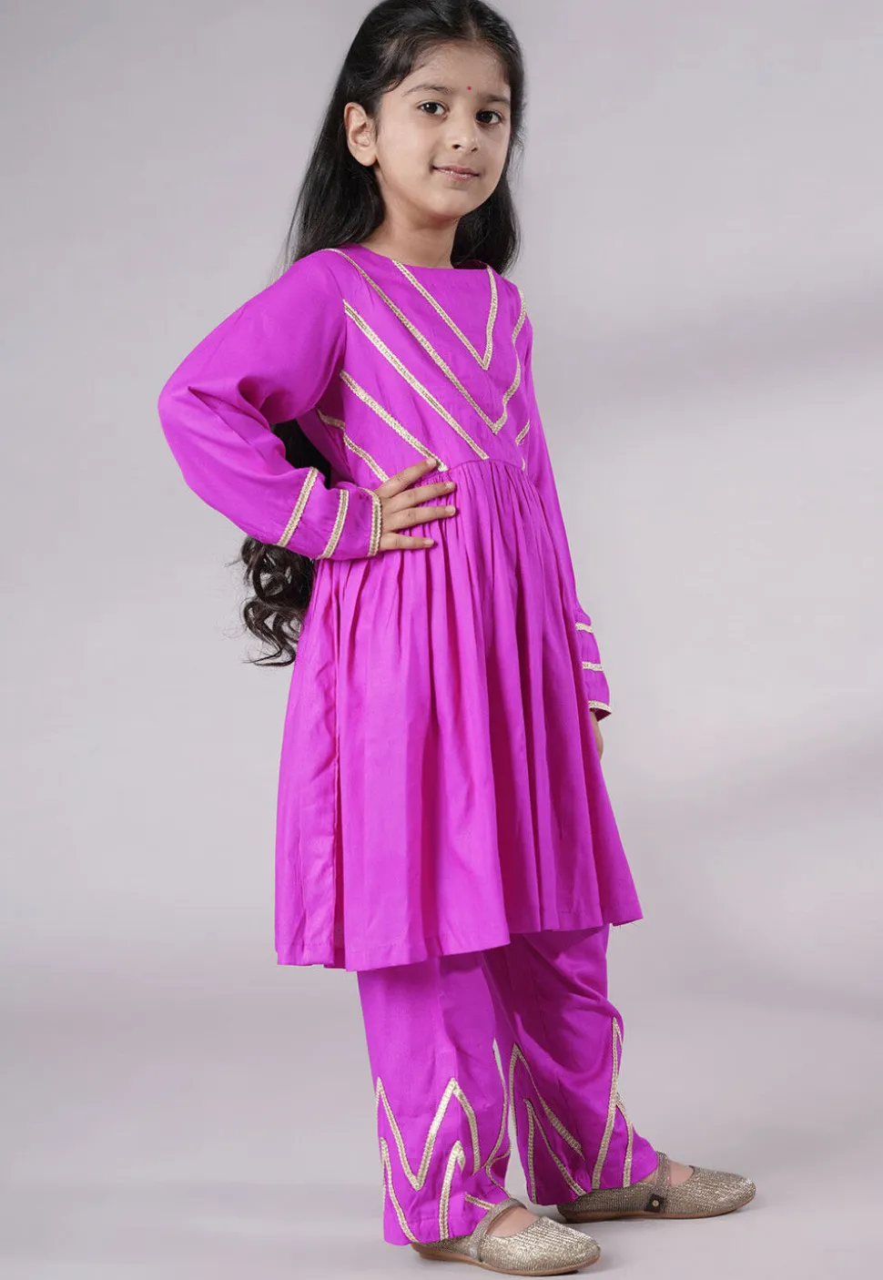 Lace Border Cotton A Line Suit in Magenta