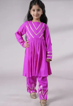 Lace Border Cotton A Line Suit in Magenta