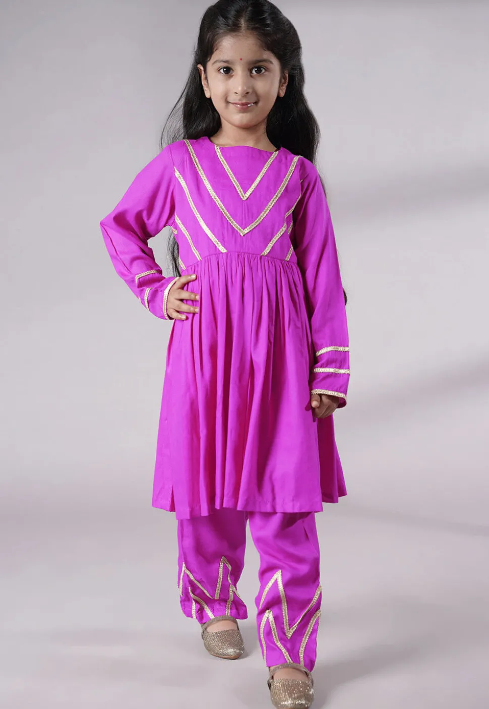 Lace Border Cotton A Line Suit in Magenta
