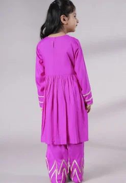 Lace Border Cotton A Line Suit in Magenta
