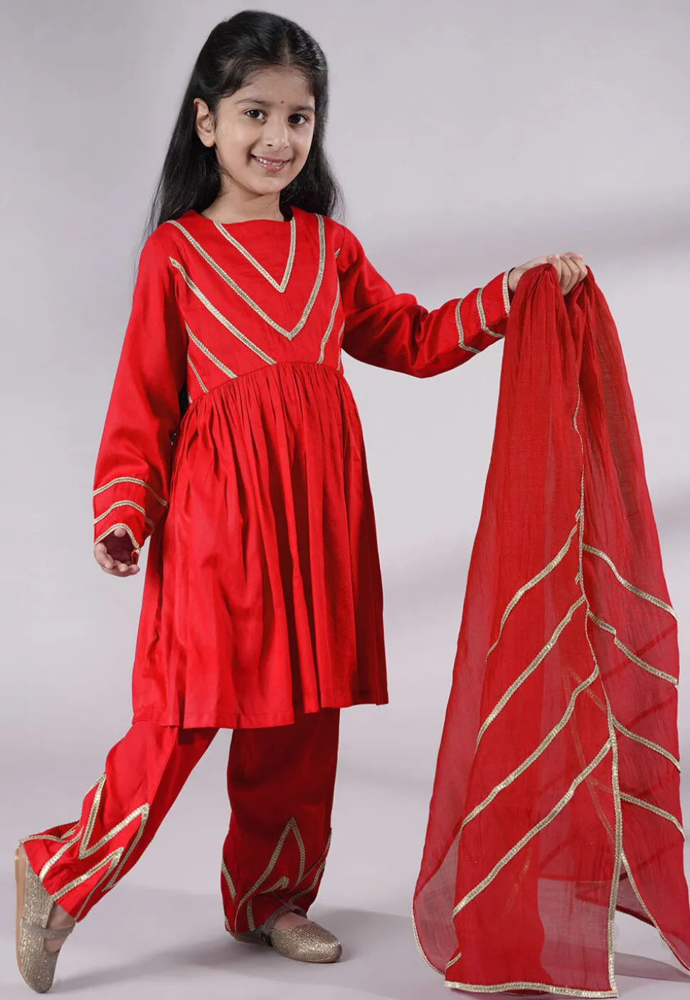 Lace Border Cotton A Line Suit in Red