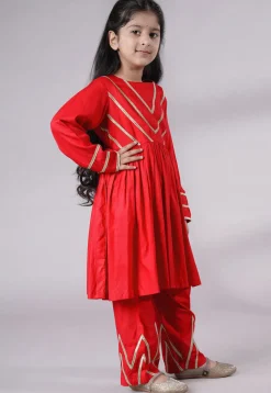 Lace Border Cotton A Line Suit in Red