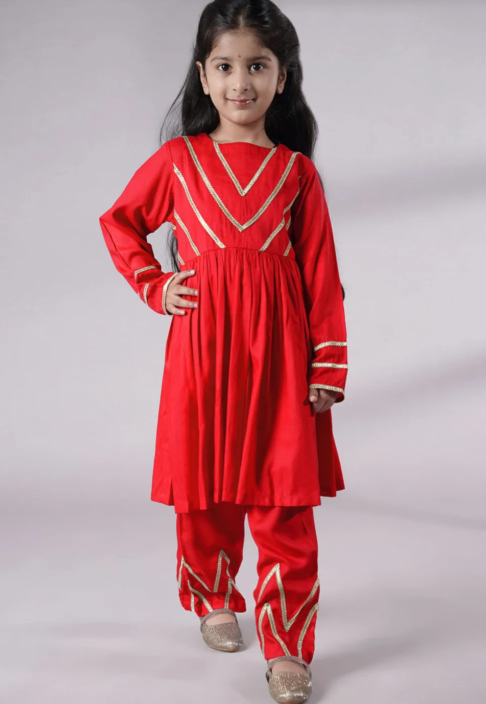 Lace Border Cotton A Line Suit in Red