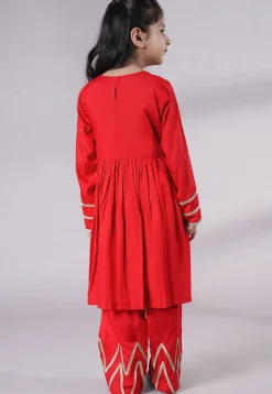 Lace Border Cotton A Line Suit in Red
