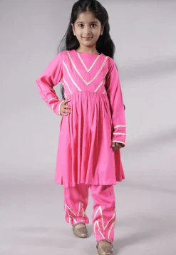 Lace Border Cotton A Line Suit in Pink