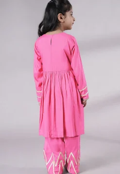 Lace Border Cotton A Line Suit in Pink