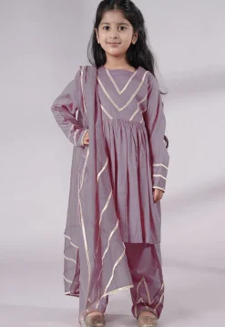 Lace Border Cotton A Line Suit in Grey