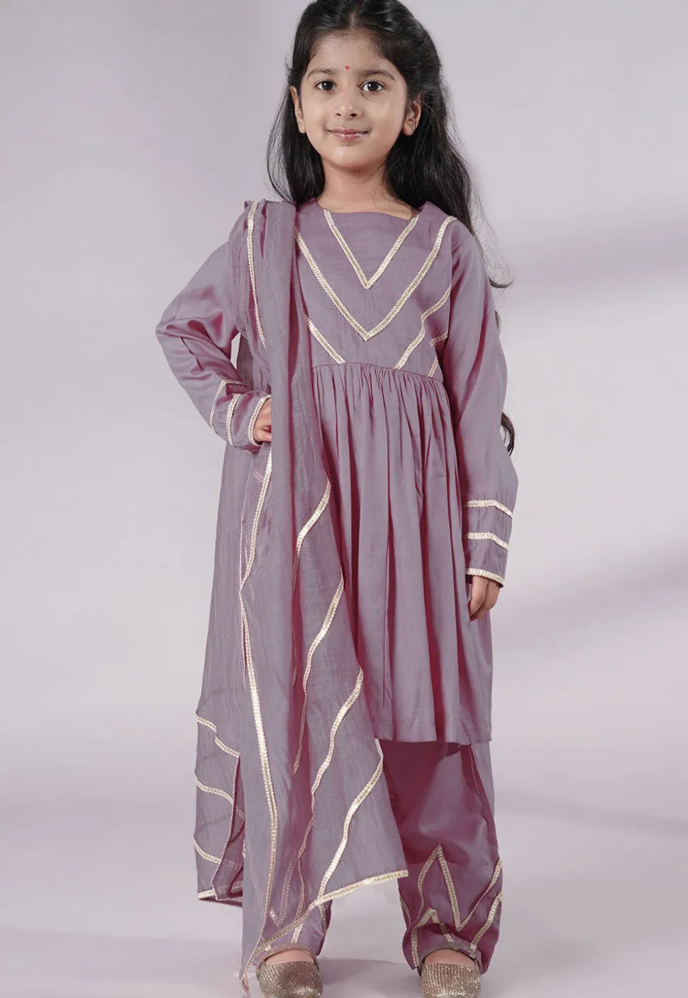 Lace Border Cotton A Line Suit in Grey