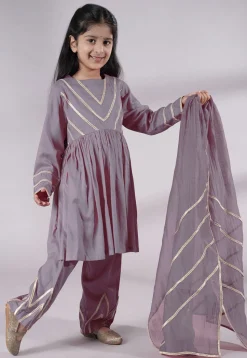 Lace Border Cotton A Line Suit in Grey