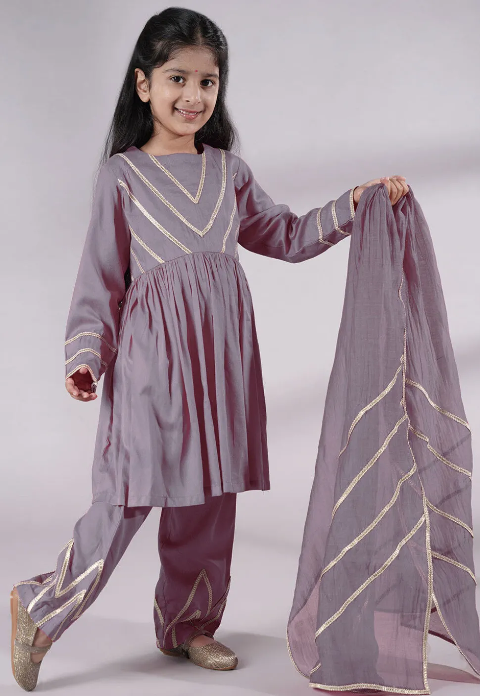 Lace Border Cotton A Line Suit in Grey