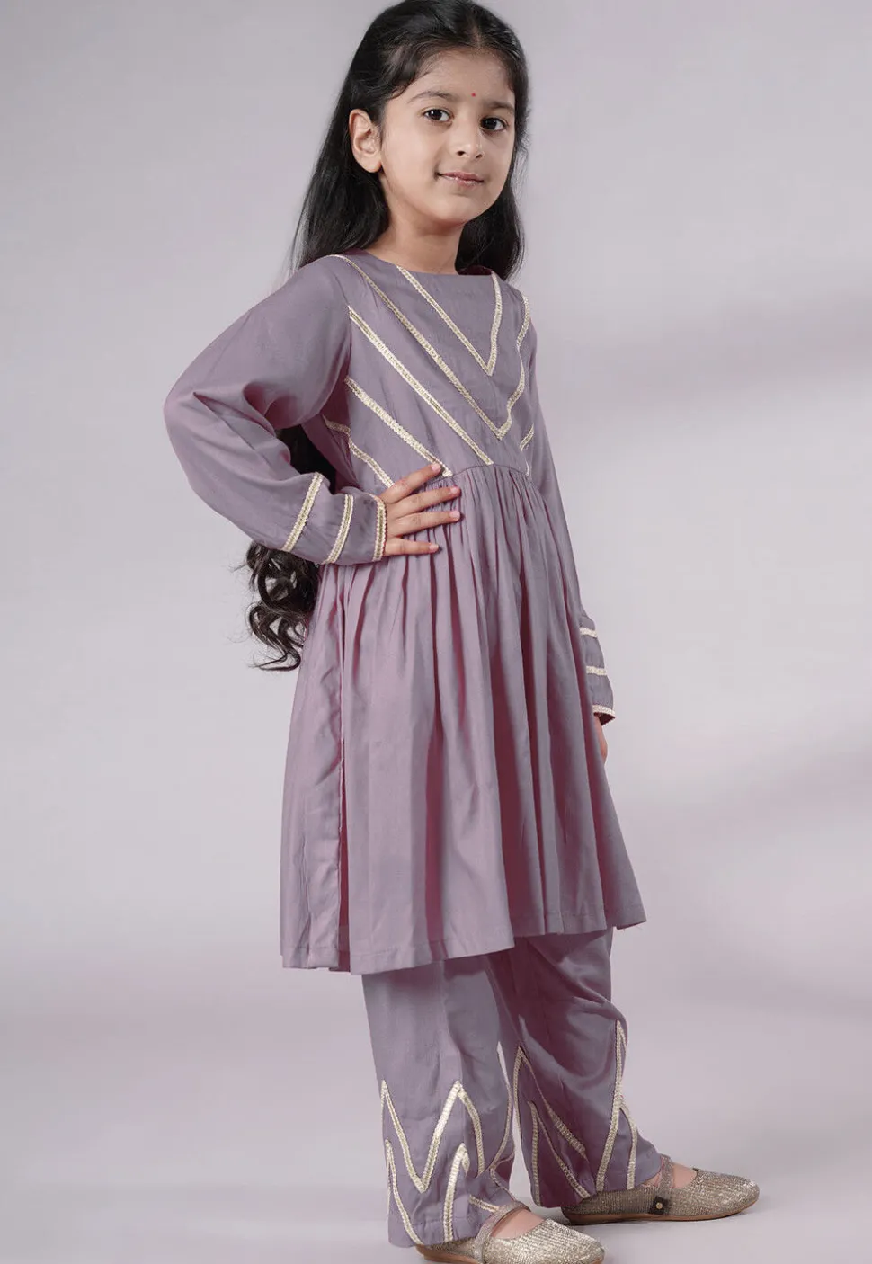 Lace Border Cotton A Line Suit in Grey