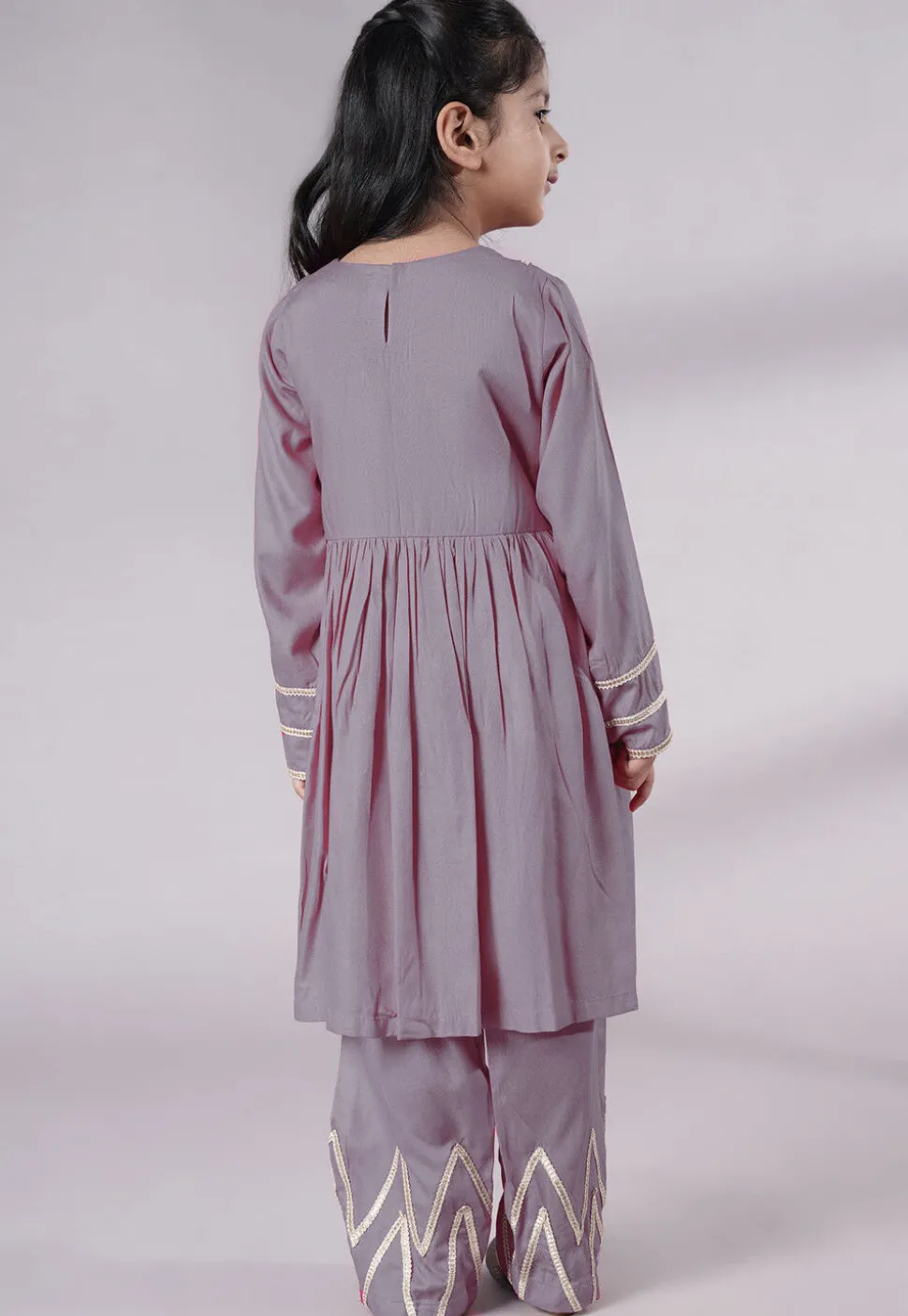 Lace Border Cotton A Line Suit in Grey