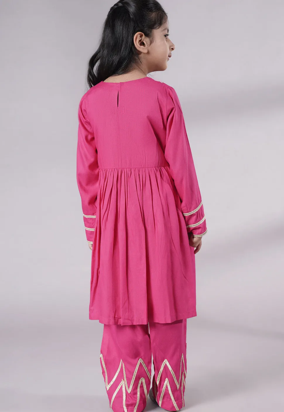 Lace Border Cotton A Line Suit in Pink