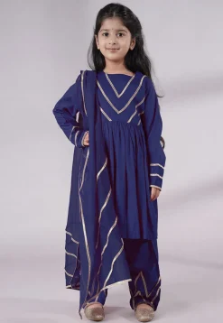 Lace Border Cotton A Line Suit in Navy Blue