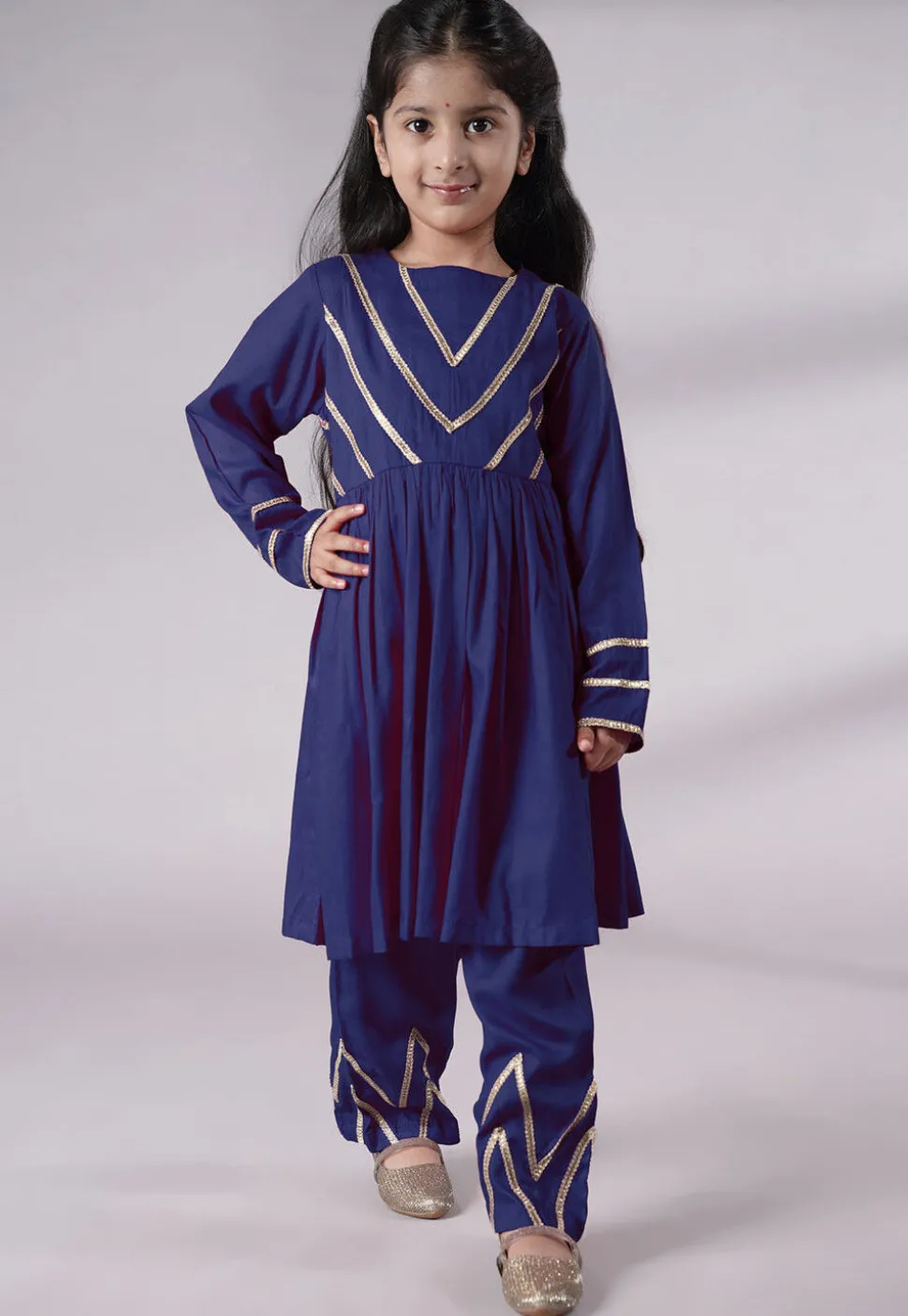 Lace Border Cotton A Line Suit in Navy Blue