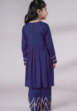 Lace Border Cotton A Line Suit in Navy Blue