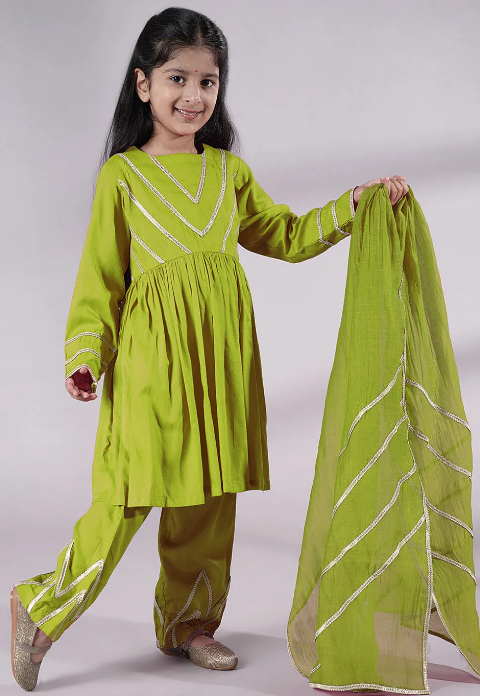 Lace Border Cotton A Line Suit in Olive Green