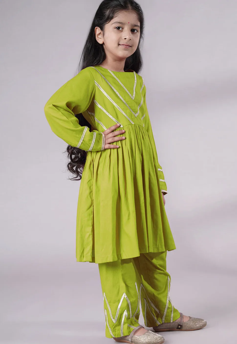 Lace Border Cotton A Line Suit in Olive Green
