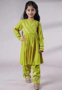 Lace Border Cotton A Line Suit in Olive Green